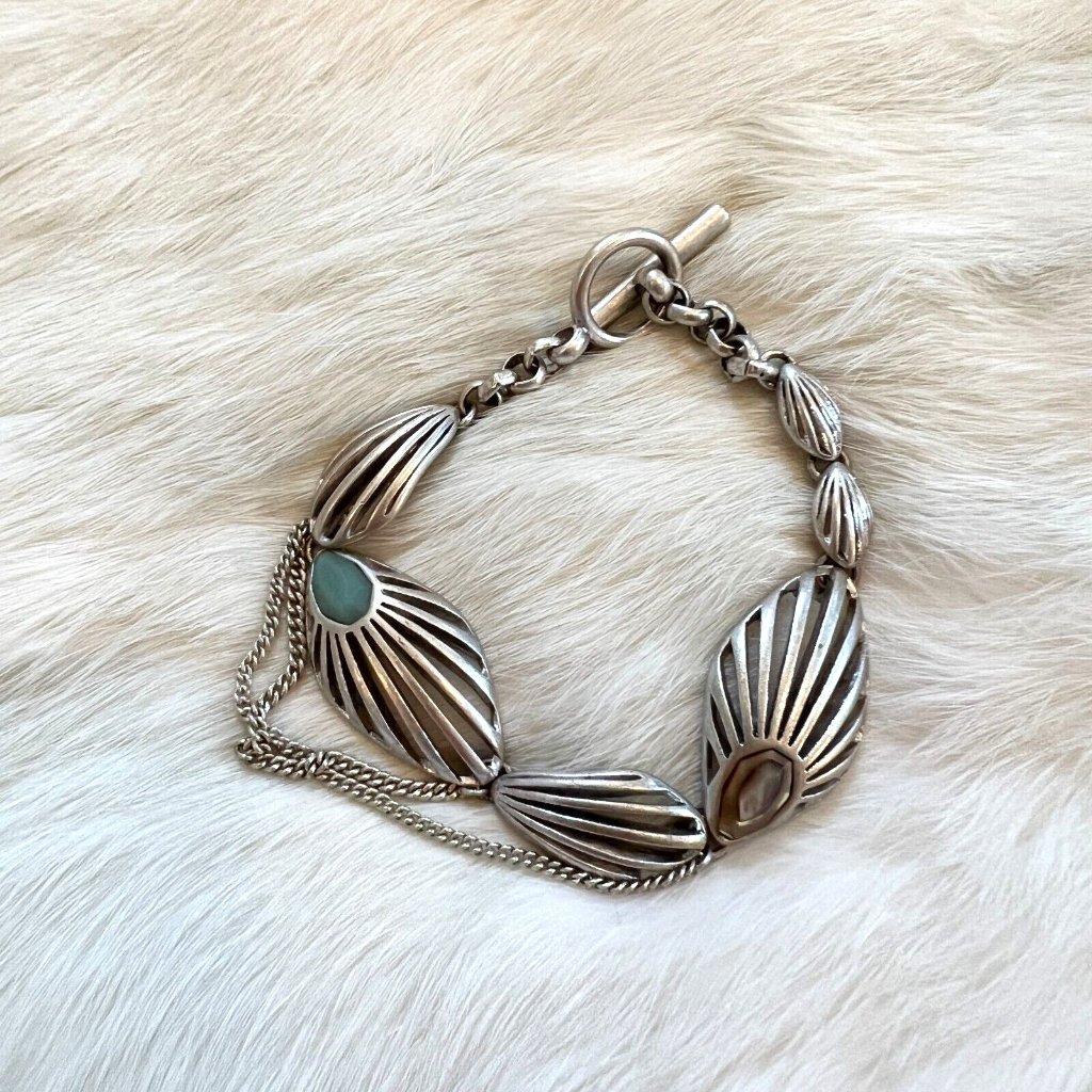 Kenneth Cole Reaction Mother Of Pearl Bracelet Silver Tone Modernist Chain 14829